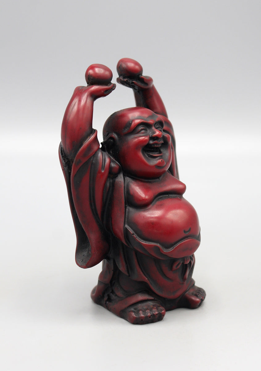 Laughing Buddha Raising Both Hands Maroon Resin Statue — NepaCrafts Product