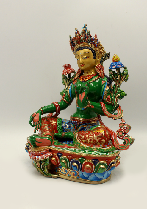 Masterpiece  Gold Plated Colored Green Tara Statue 9"H