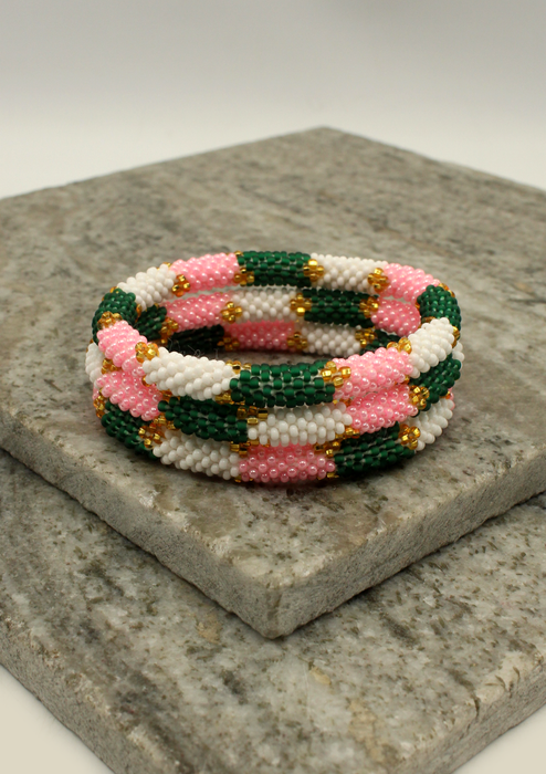 Pink White Green  Stripes Nepalese Roll on Bracelet