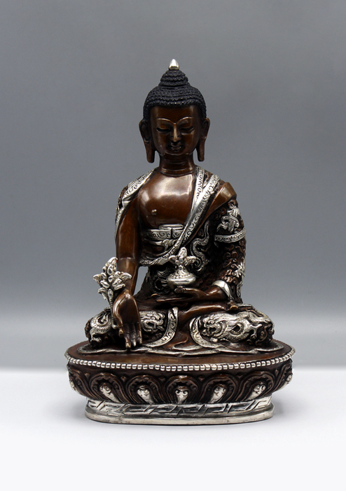 Silver Copper Medicine Buddha Statue 8"H