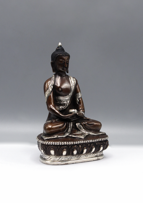 Silver Copper Amitabha Buddha Statue 6"H