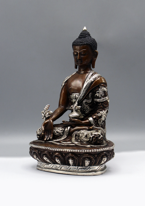 Silver Copper Medicine Buddha Statue 8"H