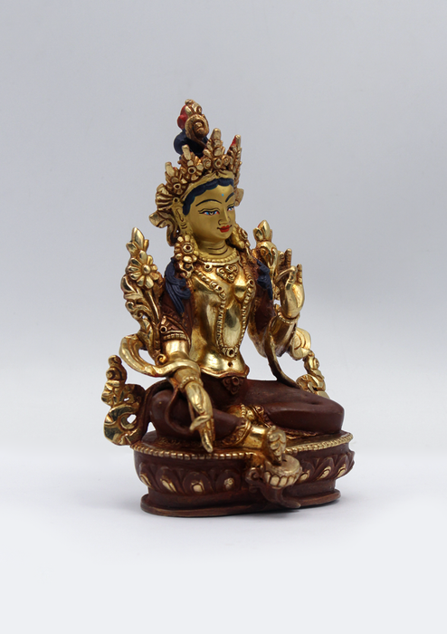 Partly Gold Plated Copper Green Tara Statue 5.5"H