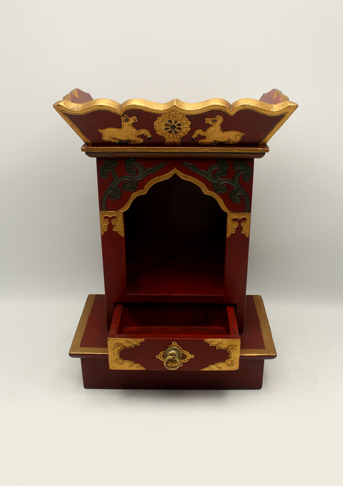 Handpainted Tibetan Red Wooden Shrine Altar Box with Lotus Flower