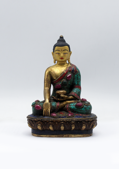 Stone Inlaid Copper Shakyamuni Buddha Statue 5.5"H