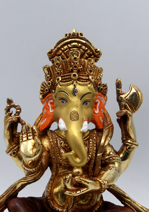 Partly Gold Plated Copper Ganesha Statue 7"H