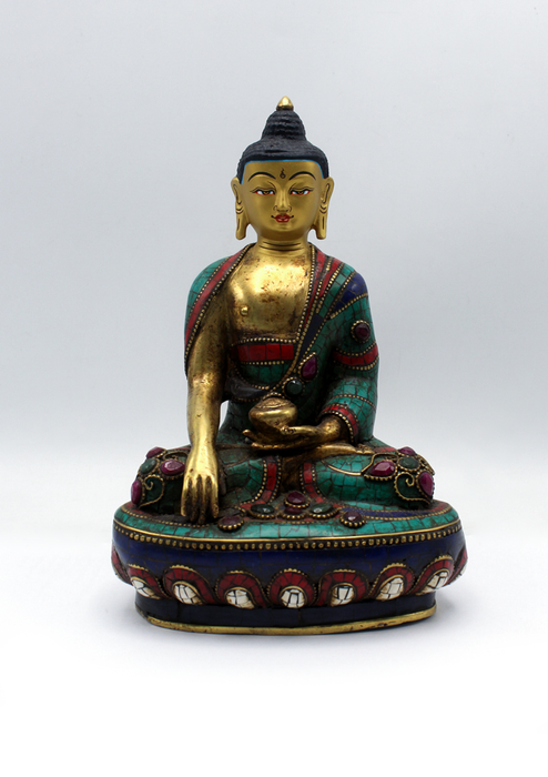 Stone Inlaid Copper Shakyamuni Buddha Statue 8"H