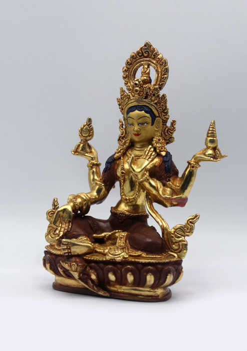 Partly Gold Plated Copper Lakshmi Statue 7.5"H