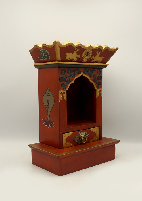 Handpainted Tibetan Wooden Shrine  Altar Box with Dharmawheel