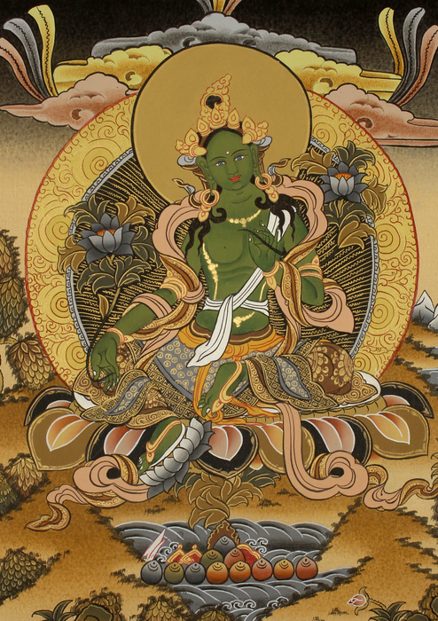 Green Tara on Lotus Thangka Painting