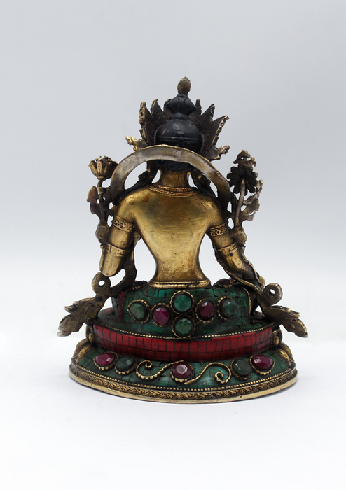 Stone Inlaid Copper Green Tara Statue