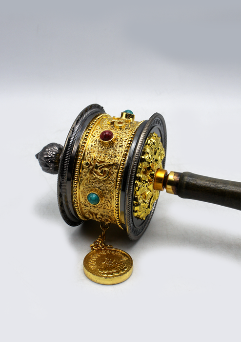 Large Tibetan Handheld Prayer Wheel Inlaid Coral and Turquoise