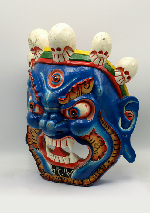 Handcarved and Painted Wooden Bhairav Wall Hanging Mask - Sky Blue