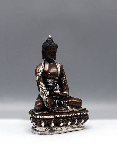 Silver Copper Medicine Buddha Statue 6"H