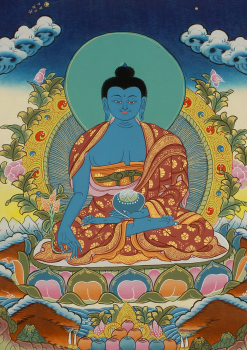 Medicine Buddha  Seated on Double  Lotus Thangka Painting