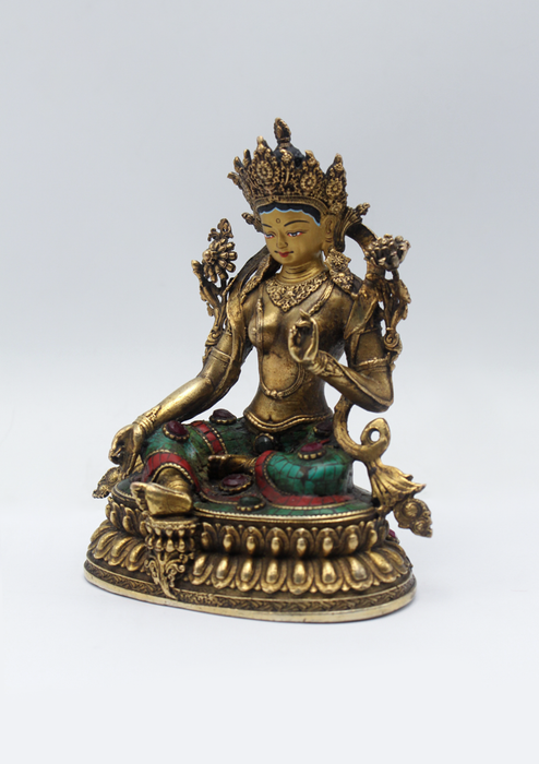 Stone Inlaid Copper Green Tara Statue