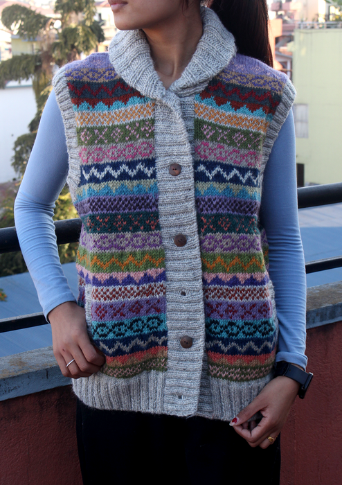 Grey Handknitted Women's Multicolor Cardigan Sweater