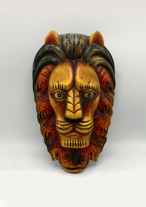 Handcarved and Painted Wooden Lion Head Wall Hanging Mask