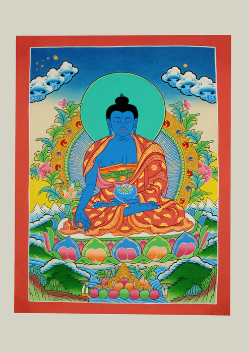 Medicine Buddha  Seated on Double  Lotus Thangka Painting