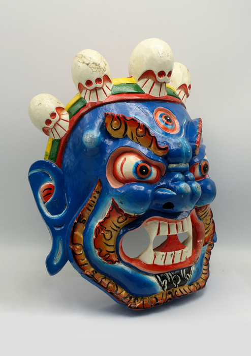 Handcarved and Painted Wooden Bhairav Wall Hanging Mask - Sky Blue