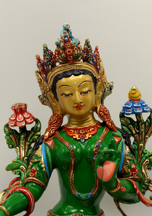 Masterpiece  Gold Plated Colored Green Tara Statue 9"H