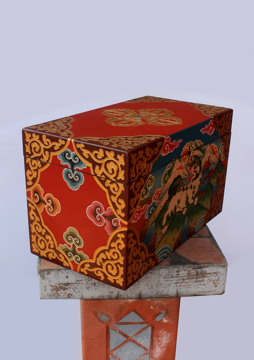 Handpainted Tibetan Snow Lion king of beasts Wooden Large Box