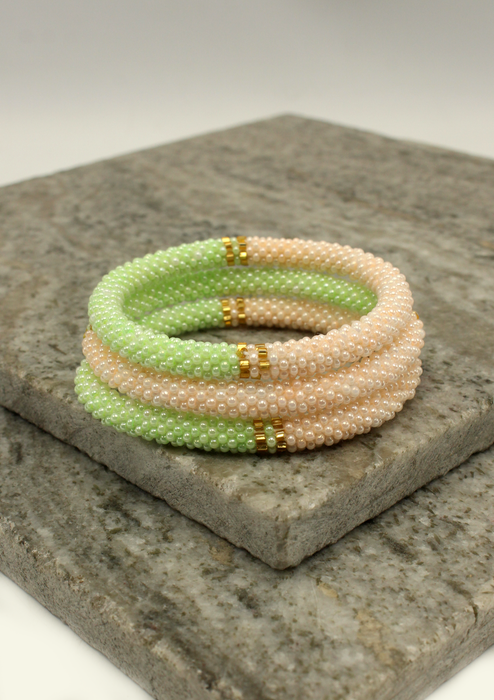 Mint Green Baby Pink Nepalese Roll on Bracelet