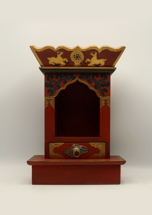 Handpainted Tibetan Wooden Shrine  Altar Box with Dharmawheel