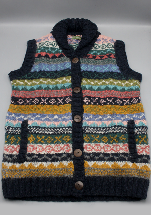 Blue Handknitted Women's Multicolor Cardigan Sweater Vest