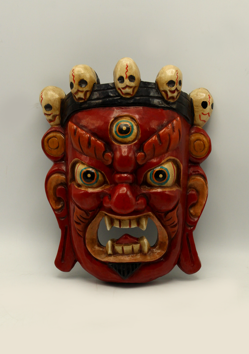 Handcarved and HandPainted Wooden Bhairab Wall Hanging Mask - Red