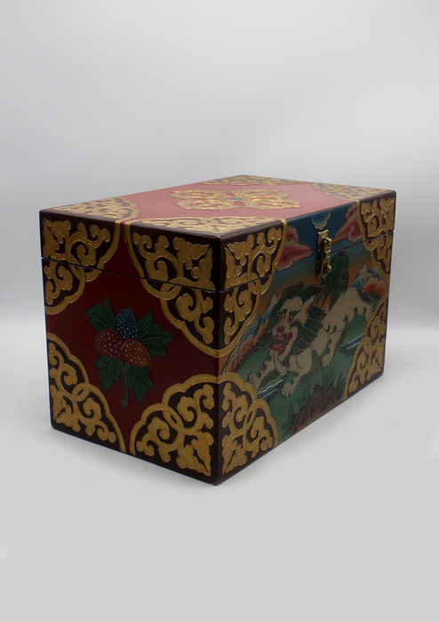 Snow Lion Handpainted Tibetan Wooden Box 14.5"