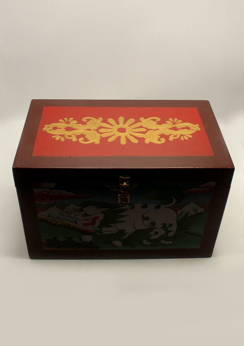 Handpainted Tibetan Snow Lion Wooden Box- Extra Large