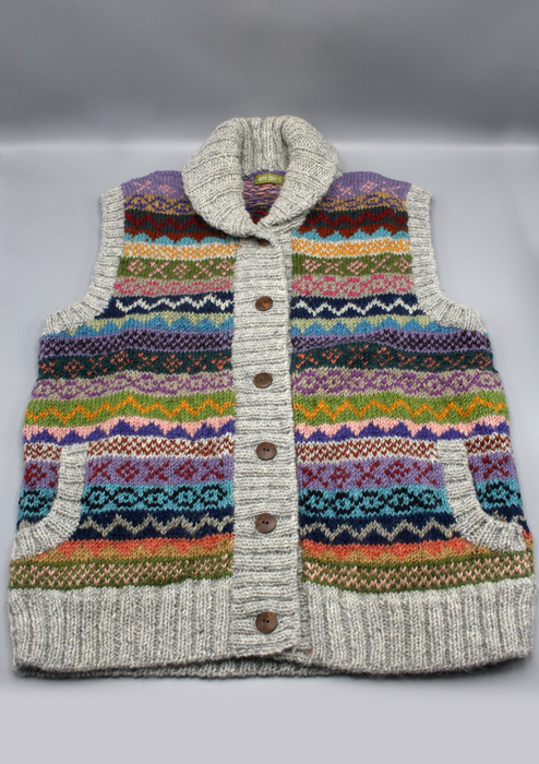 Grey Handknitted Women's Multicolor Cardigan Sweater