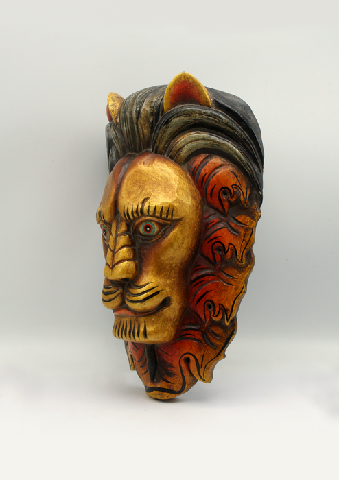 Handcarved and Painted Wooden Lion Head Wall Hanging Mask