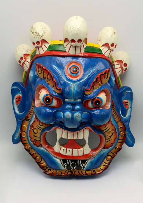 Handcarved and Painted Wooden Bhairav Wall Hanging Mask - Sky Blue