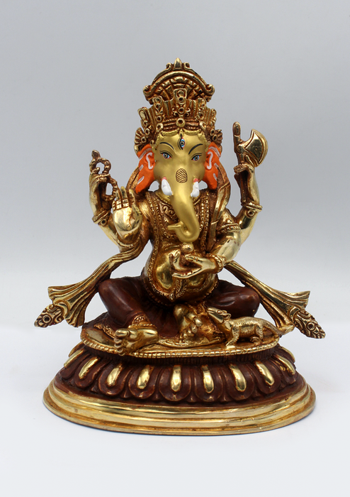 Partly Gold Plated Copper Ganesha Statue 7"H