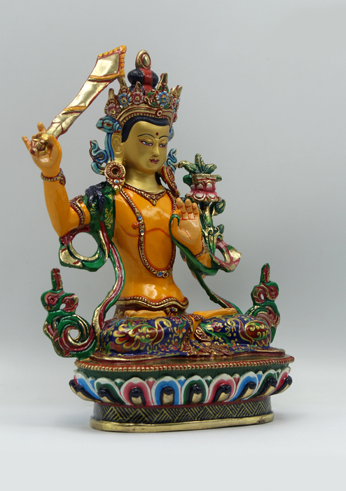 Masterpiece  Painted 24 K Bodhisattva Manjushree Statue 9"H