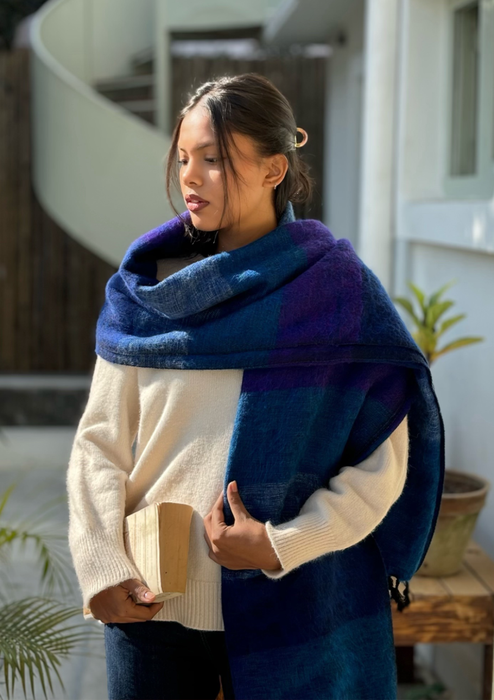 Blue Purple Stripe Himalayan Yak Wool Yoga Blanket