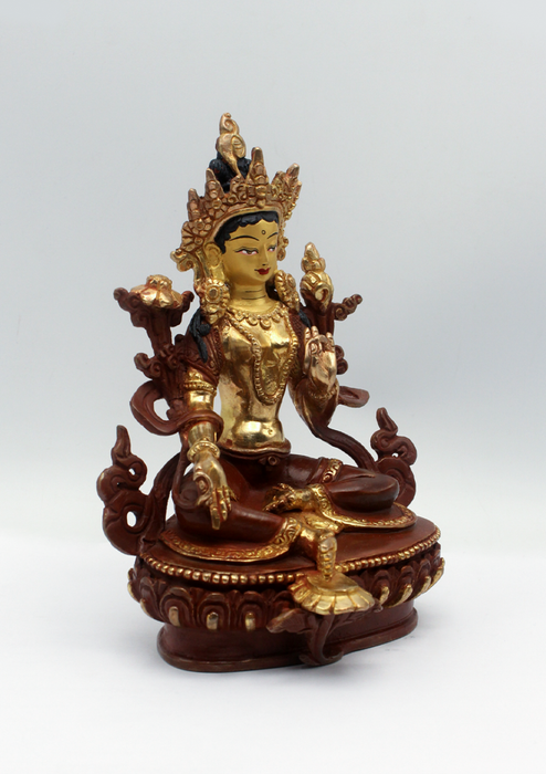 Partly Gold Plated Green Tara Statue 7"H