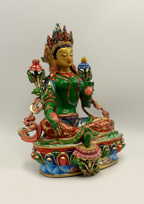 Masterpiece  Gold Plated Colored Green Tara Statue 9"H