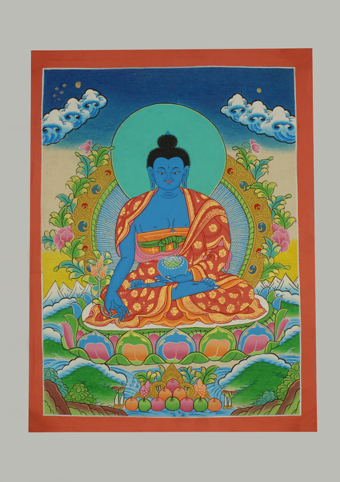 Medicine Buddha  Seated on Double  Lotus Thangka Painting