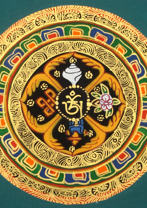 Tibetan Om Auspicious Symbols Hand Painted Mini  Thangka (D)