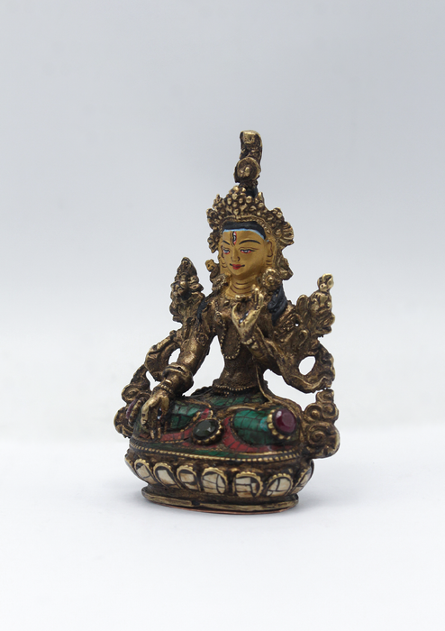 Stone Inlaid Copper White Tara Statue 3.5"H