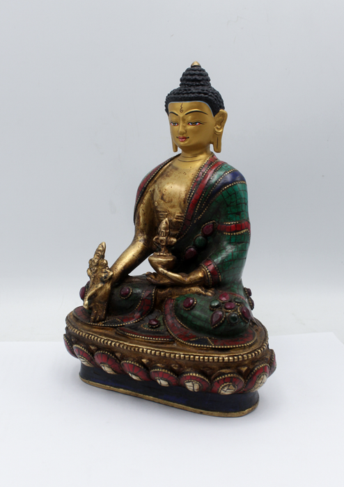 Stone Inlaid Copper Medicine Buddha Statue 8"H