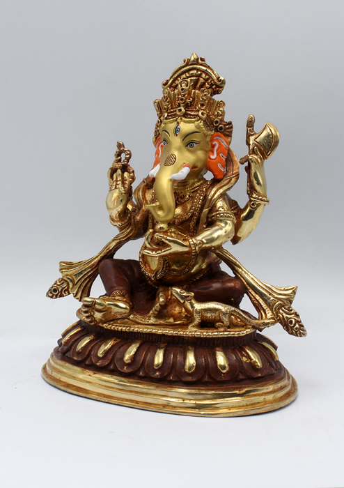 Partly Gold Plated Copper Ganesha Statue 7"H