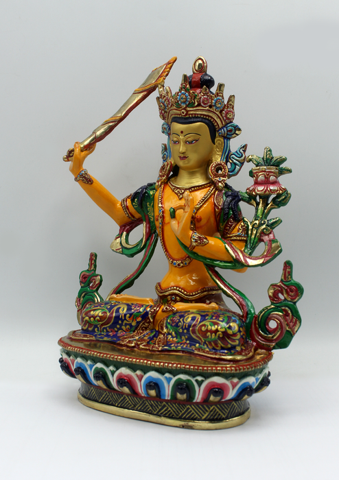 Masterpiece  Painted 24 K Bodhisattva Manjushree Statue 9"H