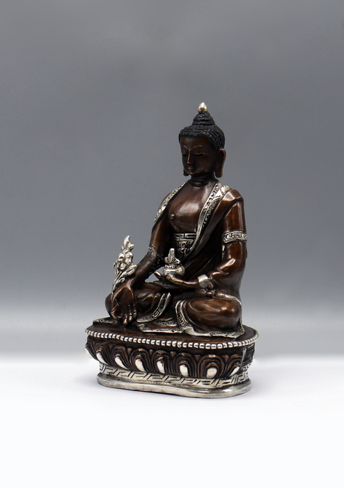 Silver Copper Medicine Buddha Statue 6"H