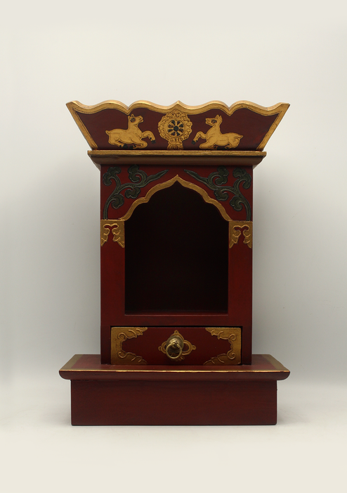 Handpainted Tibetan Red Wooden Shrine Altar Box with Lotus Flower