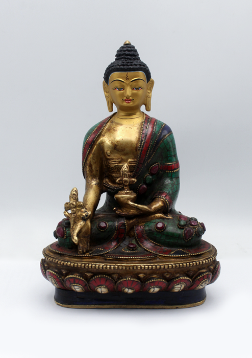 Stone Inlaid Copper Medicine Buddha Statue 8"H