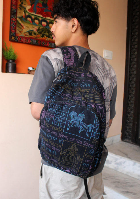 Hari Ram Hari Dark Blue Buddhist Print Rucksack